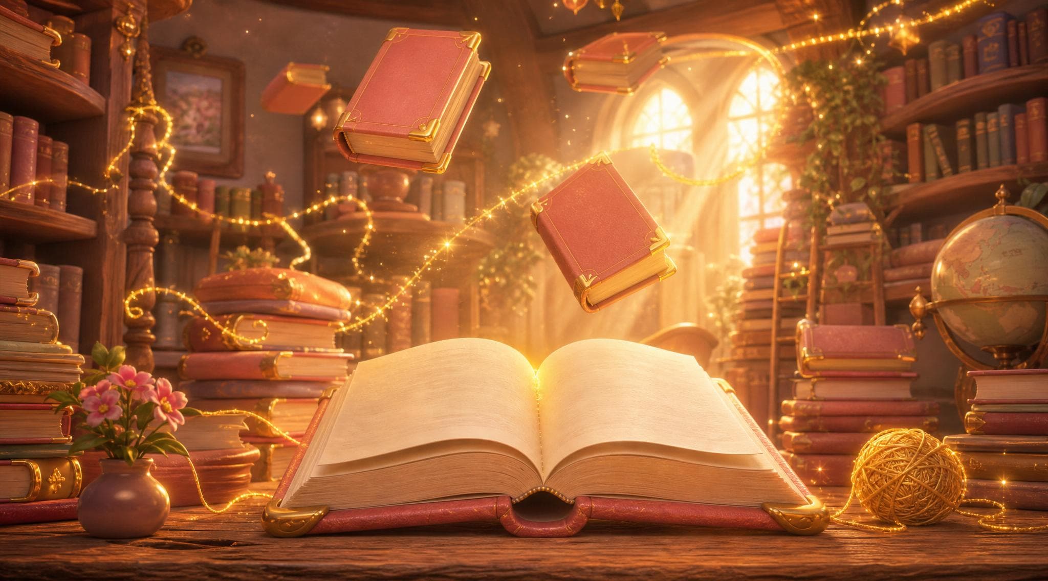Premium illustrated storybooks floating on magical shelves inside an enchanted library