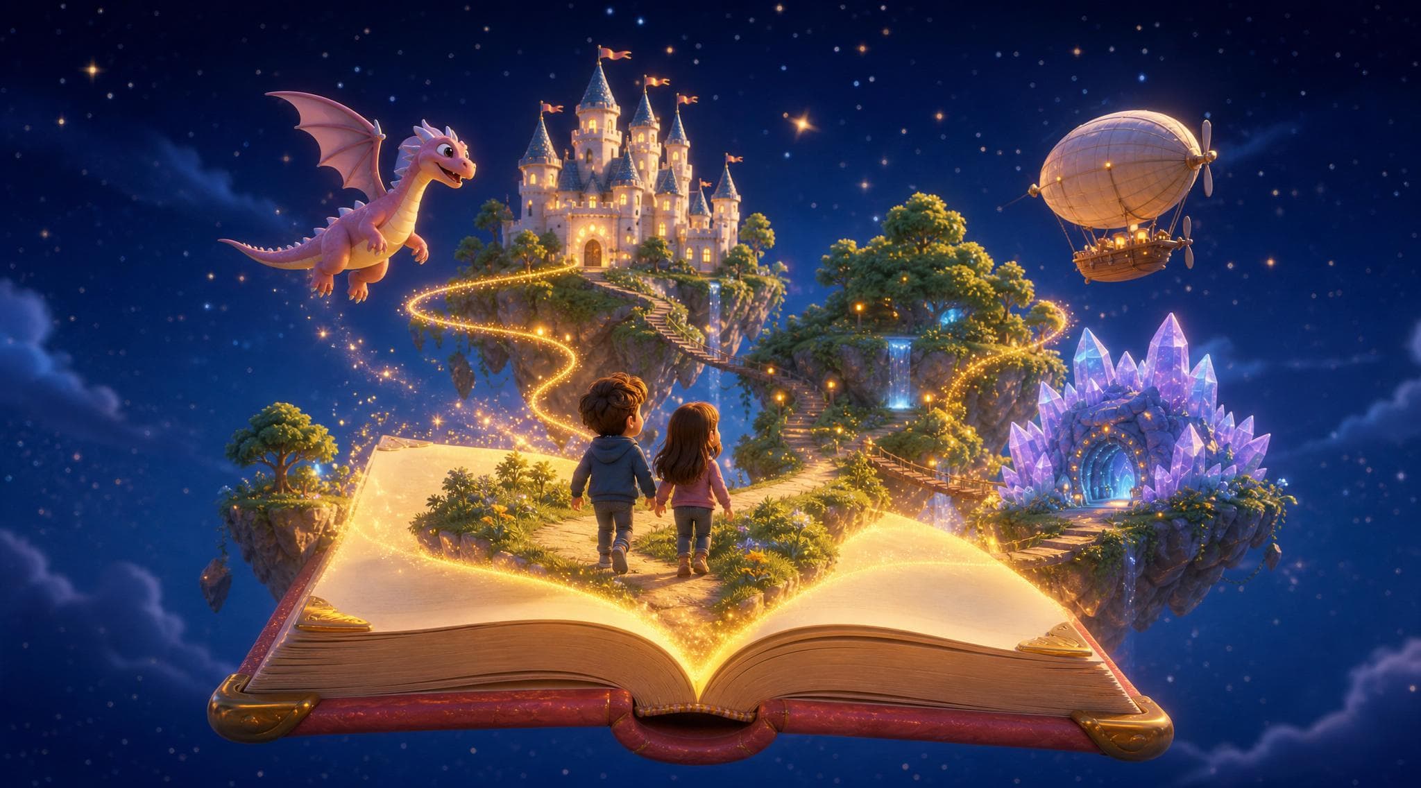 Children walking into a starry fantasy world rising from an open glowing storybook