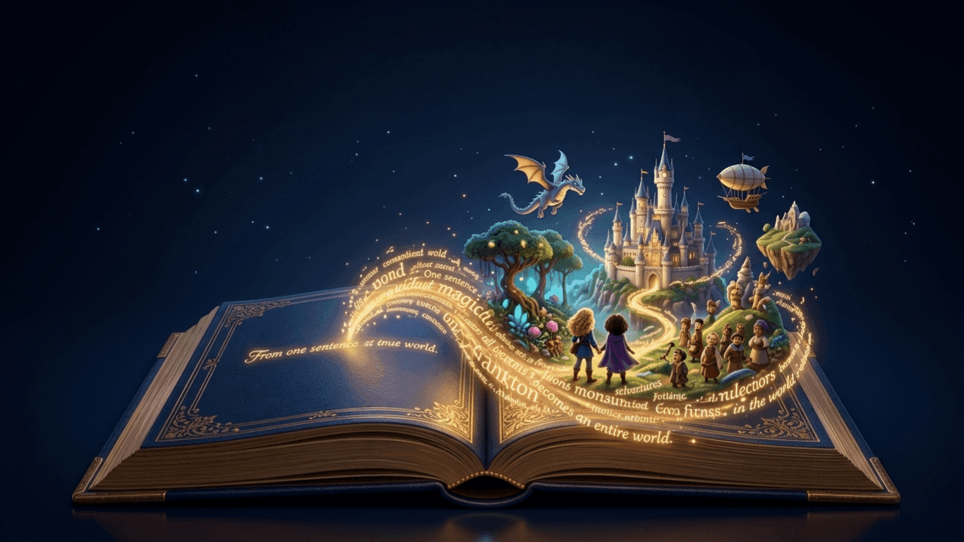 A magical storybook opening as golden words expand into castles, dragons, and entire fantasy worlds
