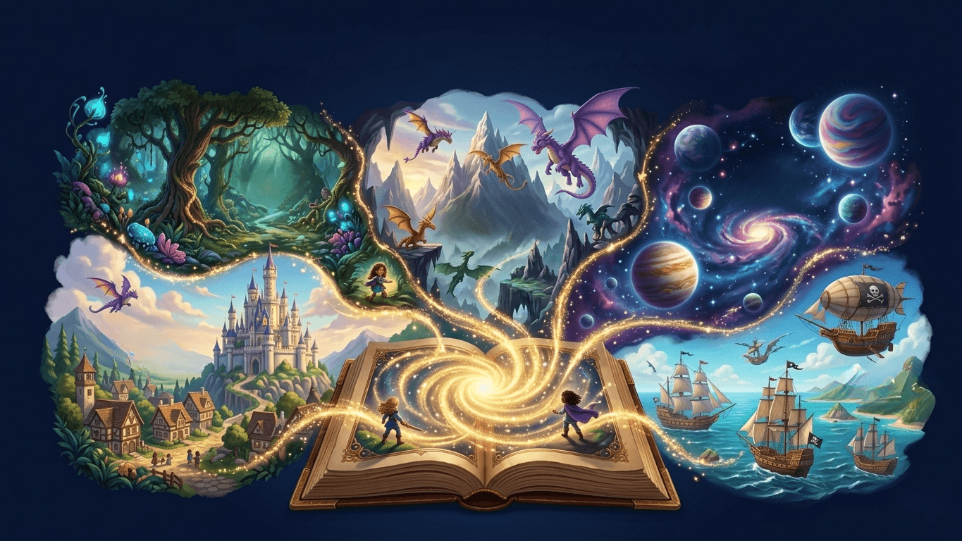 Multiple story worlds emerging from a giant glowing book — fantasy kingdom, dragons, space, and ocean adventures