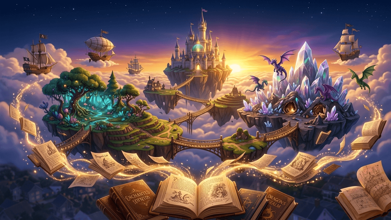 Floating fantasy islands and castles emerging from an open glowing storybook at sunset