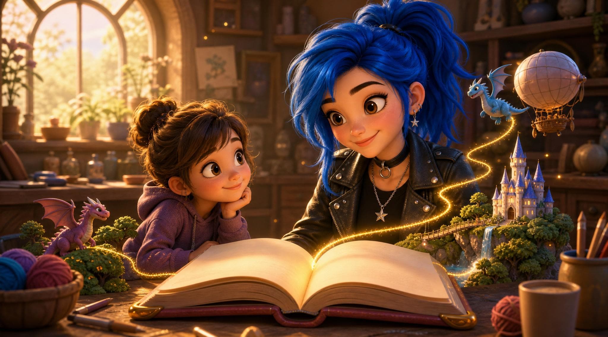 Stitch, the blue-haired story sidekick, sitting with a child as a glowing storybook brings castles and dragons to life