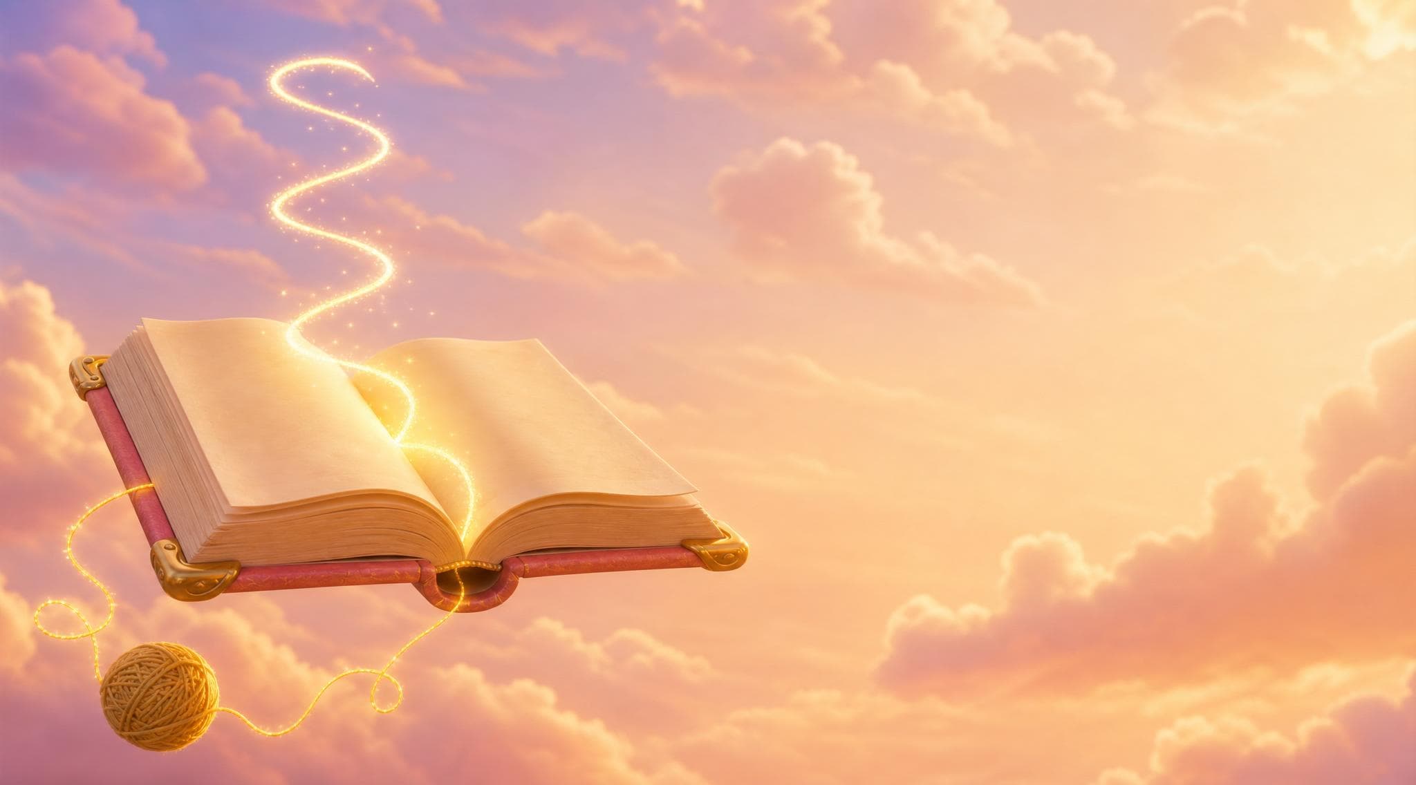 Open coral storybook floating in a peach daydream sky with a glowing golden yarn thread